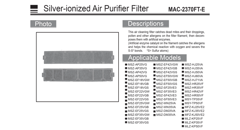 Filtro purificador de aire de plata ionizada (manual) - MAC-2370FT-E